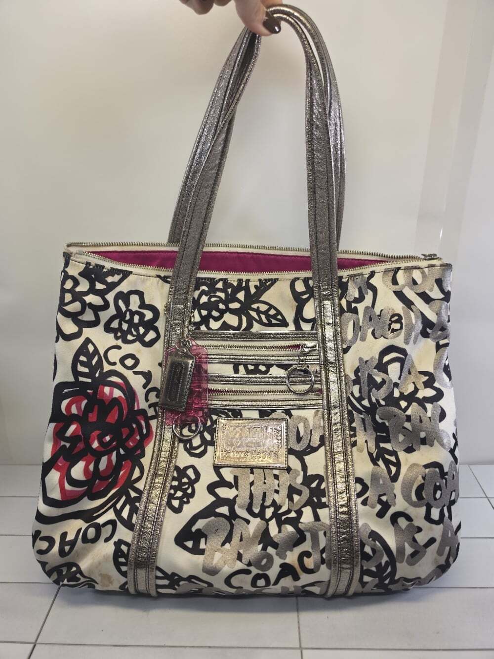 Coach 14741 Poppy White Multi Floral Graffiti Glam Tote Bag